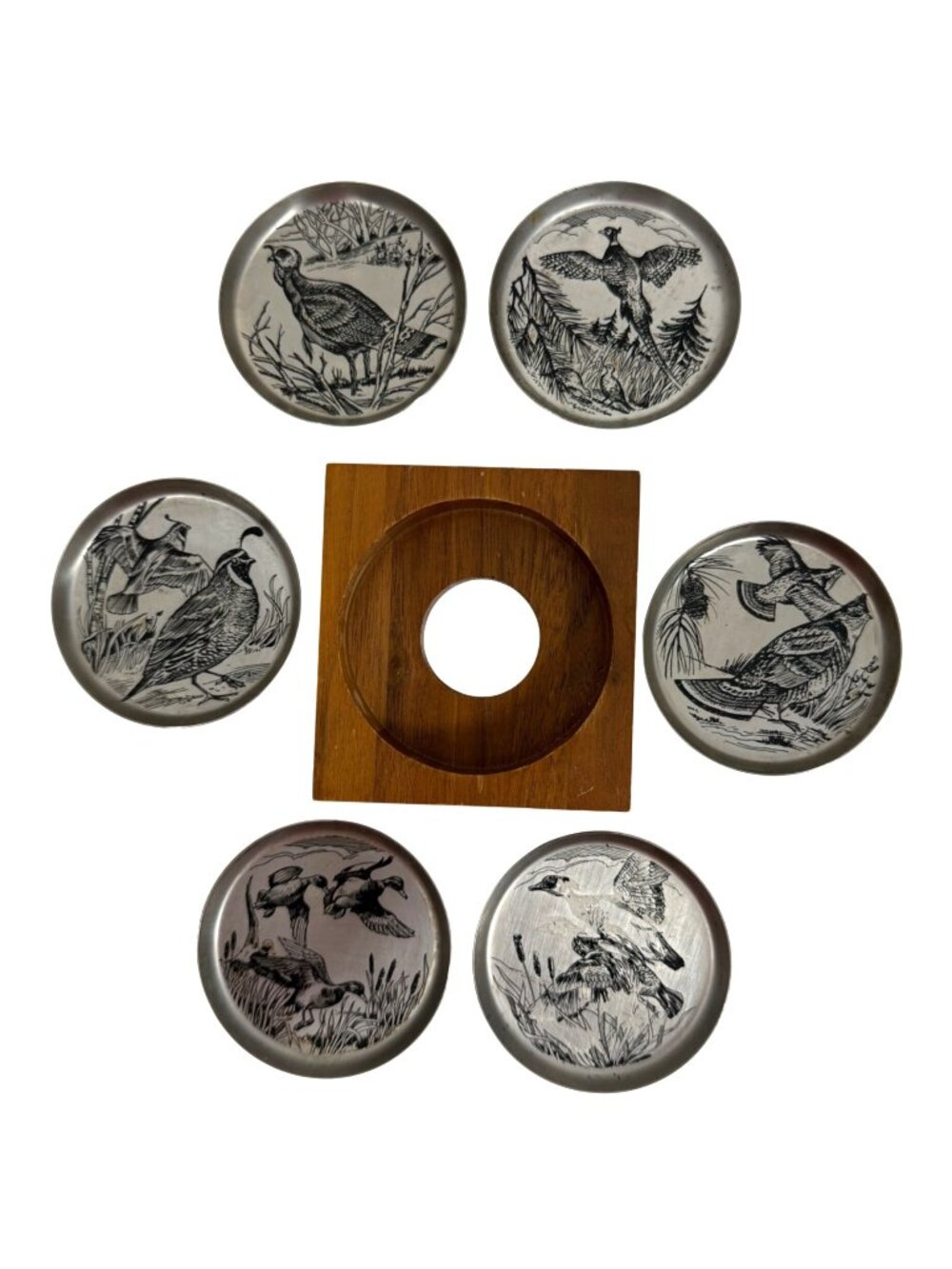 Vintage ARC Pewter Game Bird Coasters Set Of 6 w/ Wood Holder Ohio USA Cabincore